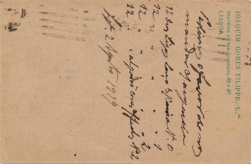 0381 f.jpg -     Lote:    381 (frente)                   Descrição:         1912 &mdash; Ceres. OM56, 1C verde. Circulado com selo adicional tipo Ceres de 1c castanho CE221, em Lisboa (02.08.19). Repicado no verso por JOAQUIM GOMES FILIPPE. LDA.        IC       Valor Base:     &euro; 15,00     Valor Venda:     &euro;      